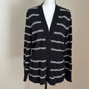 AK Anne Klein Black White Stripe Button Cardigan Sweater Women XL